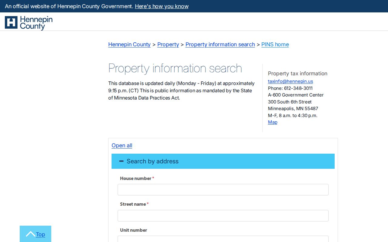 Hennepin County Property Information Search address fields for a Golden Valley parcel