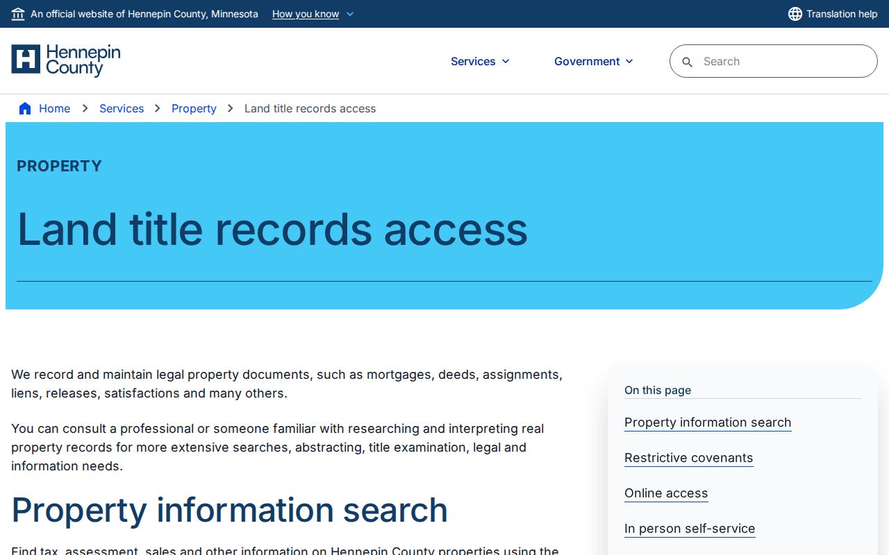 Hennepin County Recorder research page showing RecordEASE and document research options