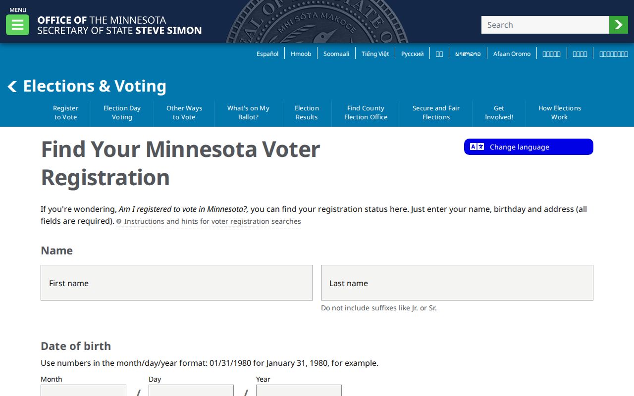Minnesota MNVotes individual registration lookup fields including name, date of birth, and address
