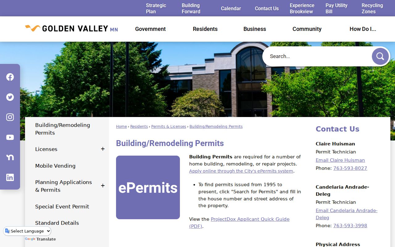 Golden Valley street directory building permit search and coverage notice