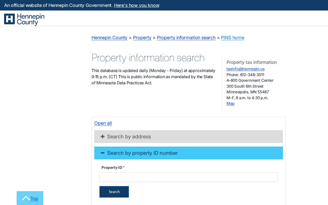 Golden Valley street directory PID field in Hennepin County Property Information Search